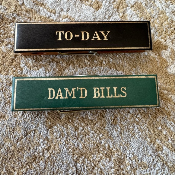 MCM Green & Black Leather Oversized Clothespins with Gold Accents Office Decor - Picture 1 of 10